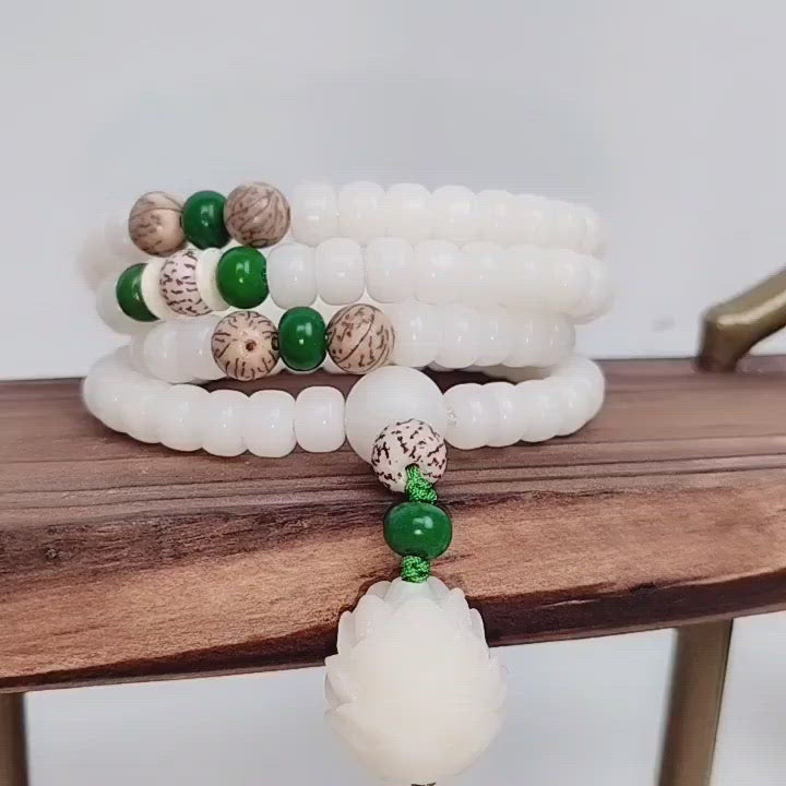 White Jade Bodhi Seed Mala - 108 Beads Bracelet/Necklace